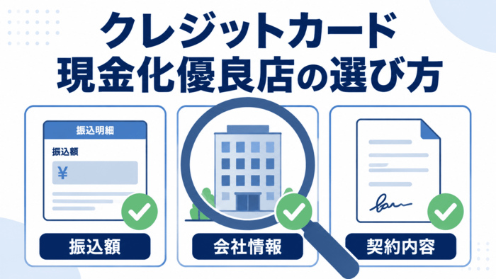 クレジットカード現金化優良店の選び方。運営会社情報、初回の所要時間、契約説明、本人確認、口コミの確認項目